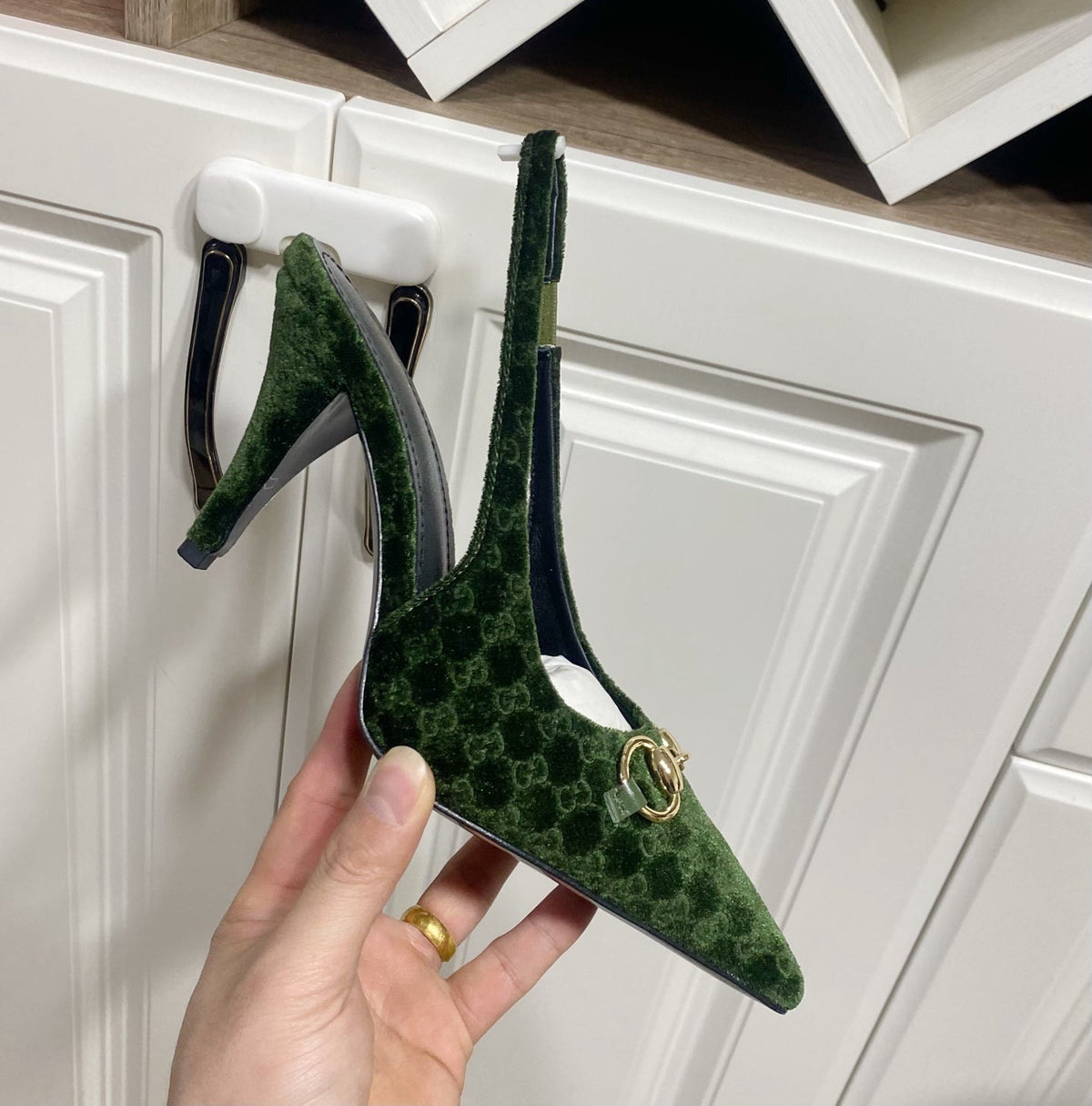 Gucci 26s Slingback Heels 8.5cm Dark Green Velvet