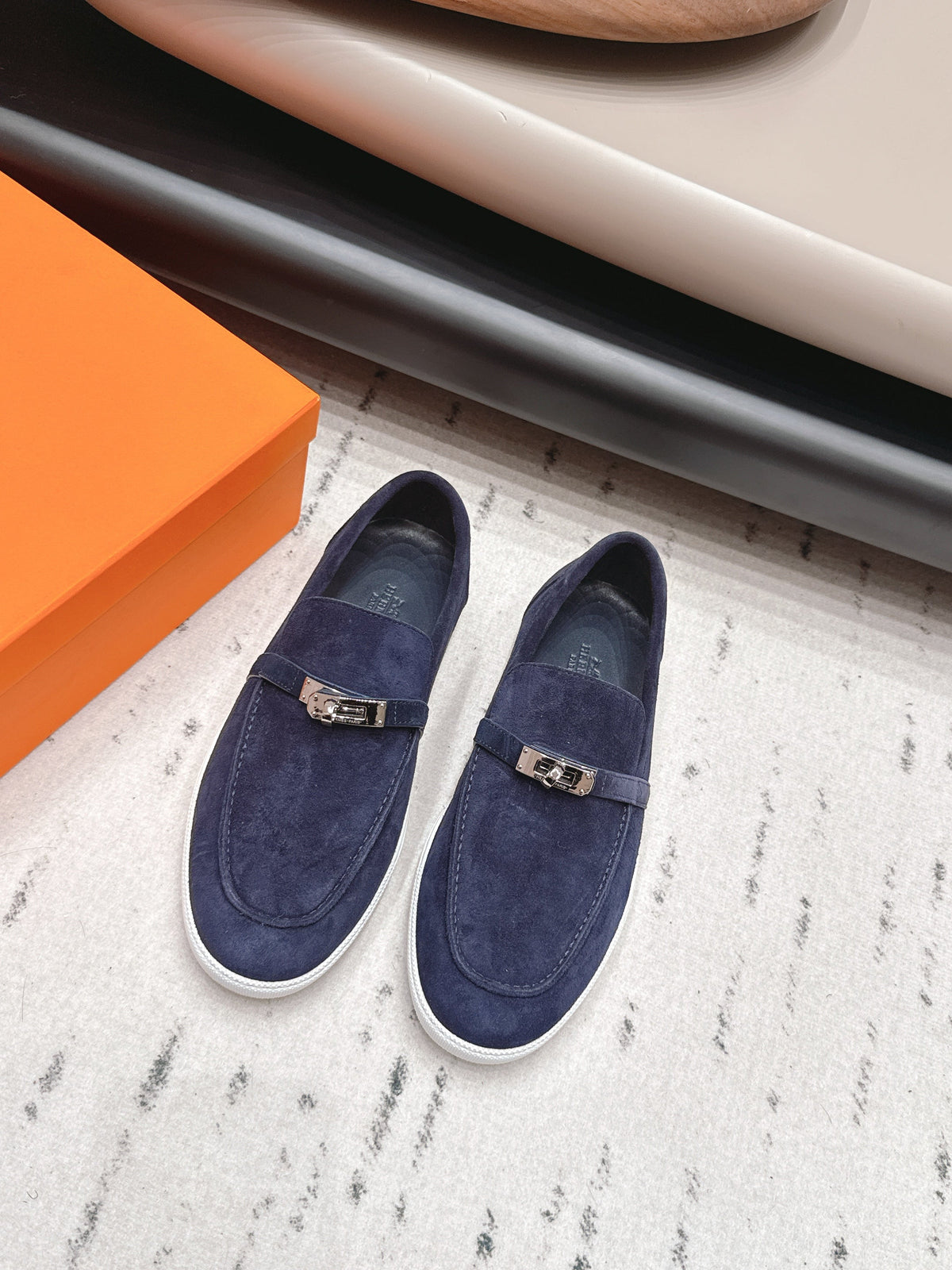 HM 26S Kelly Paris Loafers Navy Blue Suede Silver Hardware