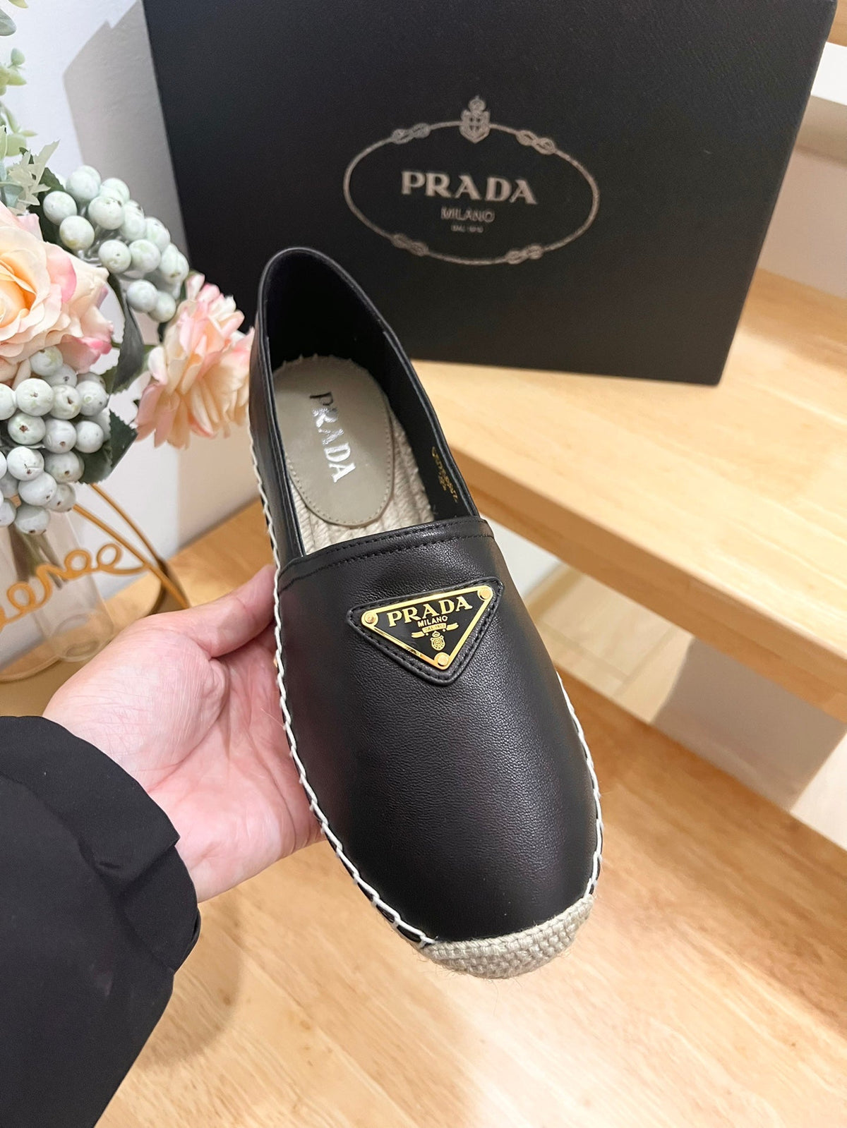 Prada 26s Logo Espadrille Slip On Flats Black Calfskin