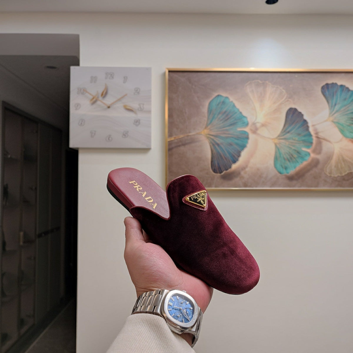 Prada 26s Square Toe Slippers Burgundy Red Velvet