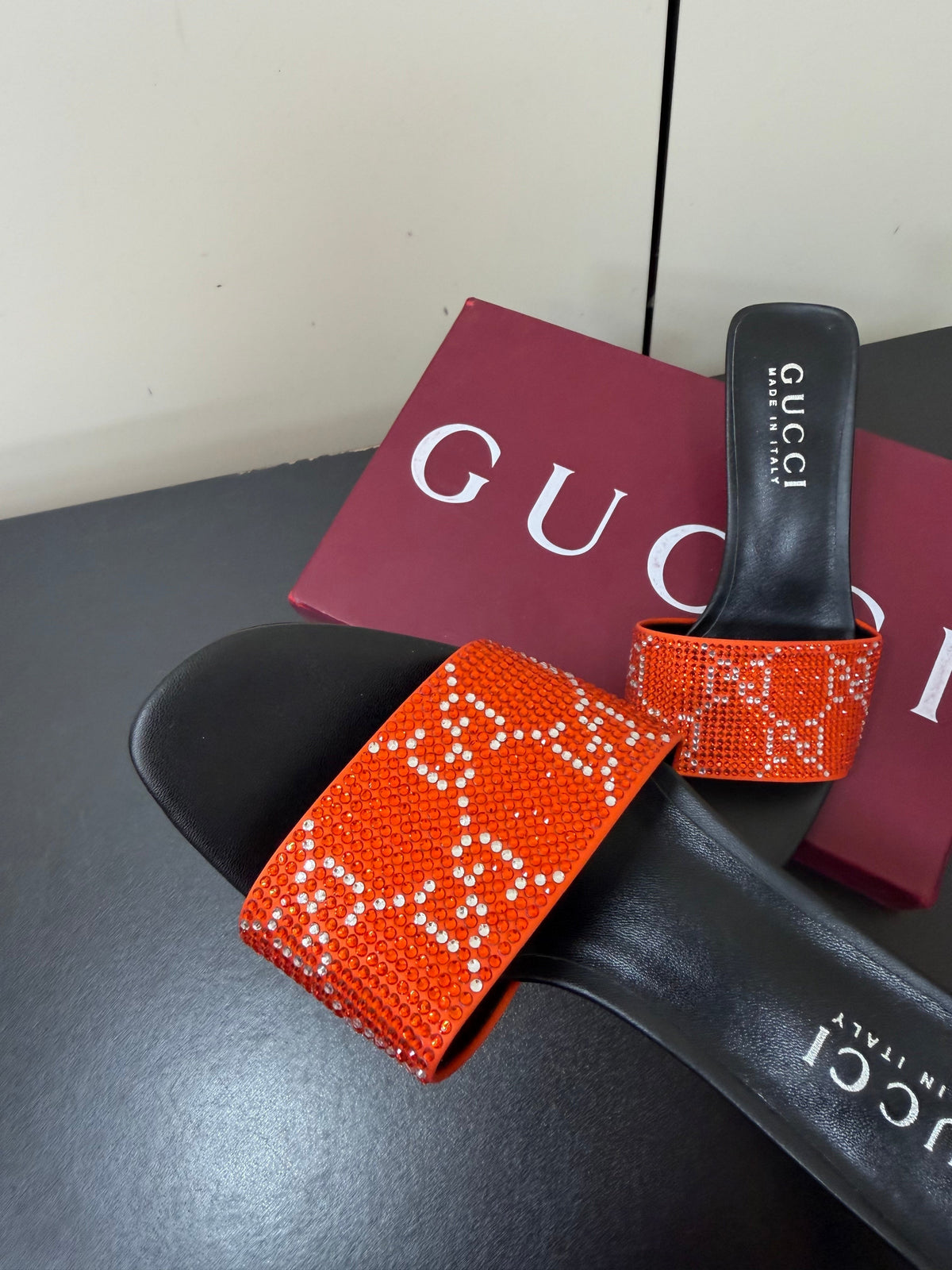 Gucci 26s Mule Sandals 5.5cm Orange Satin Crystal GG