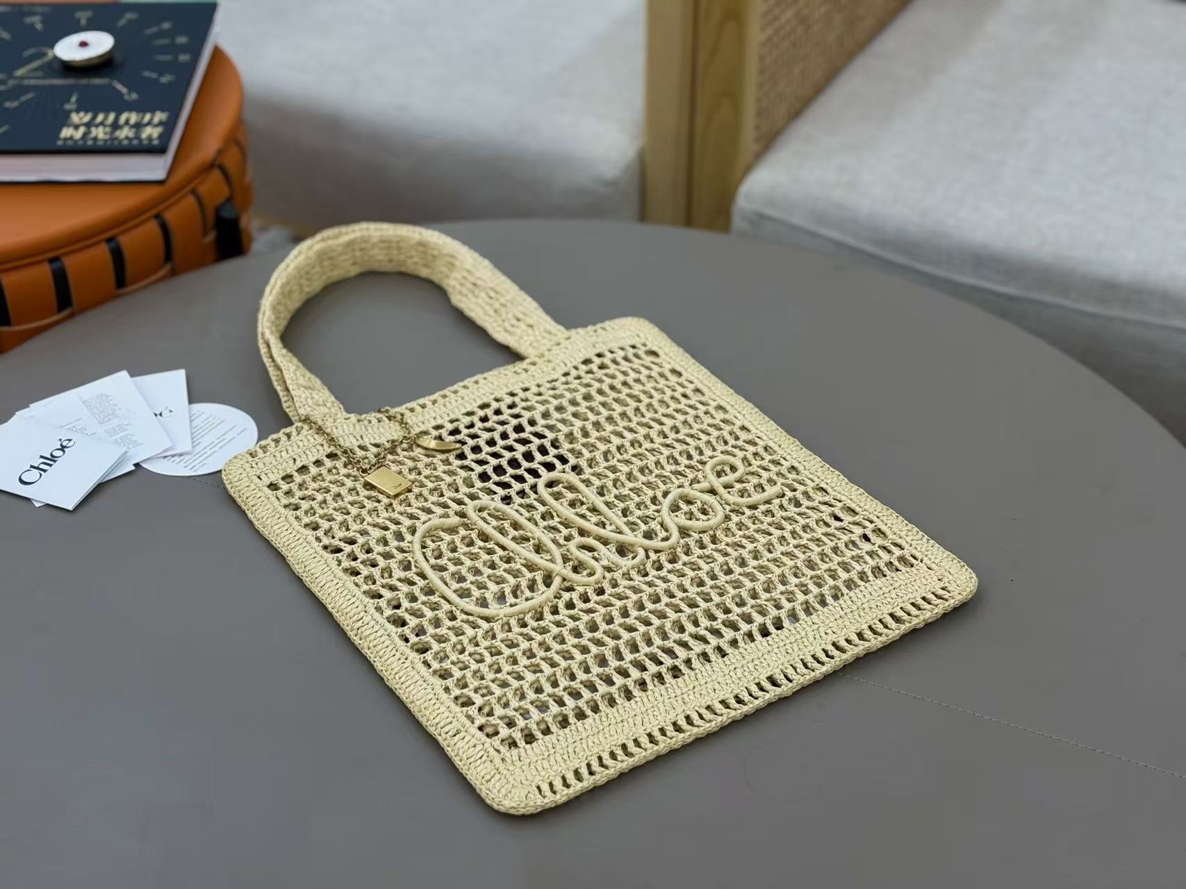 Chloé Summer Banana Crochet Tote Bag Raffia With Leather Trim