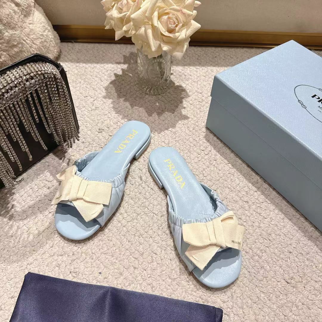 Prada 26s Ruched Bow Slide Sandals Light Blue Calfskin
