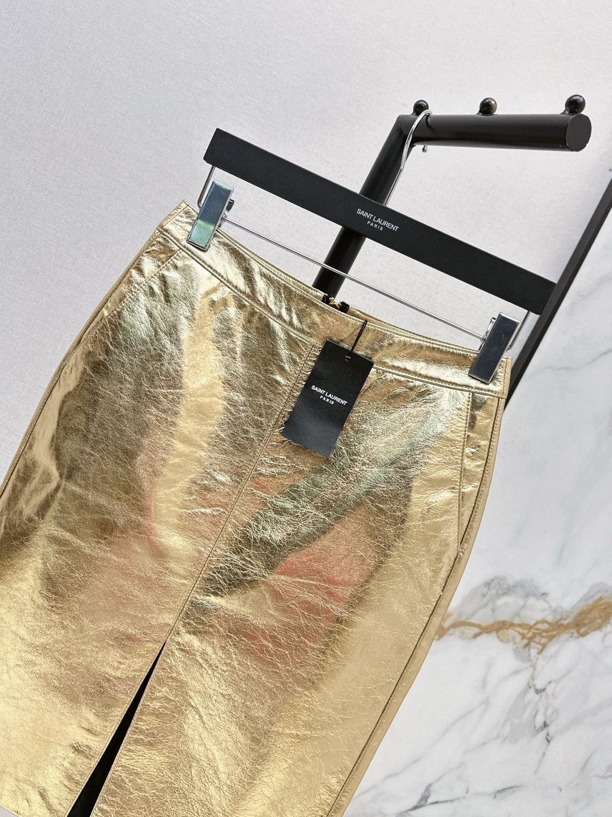 YSL Crinkled Midi Skirt Metallic Gold Leather