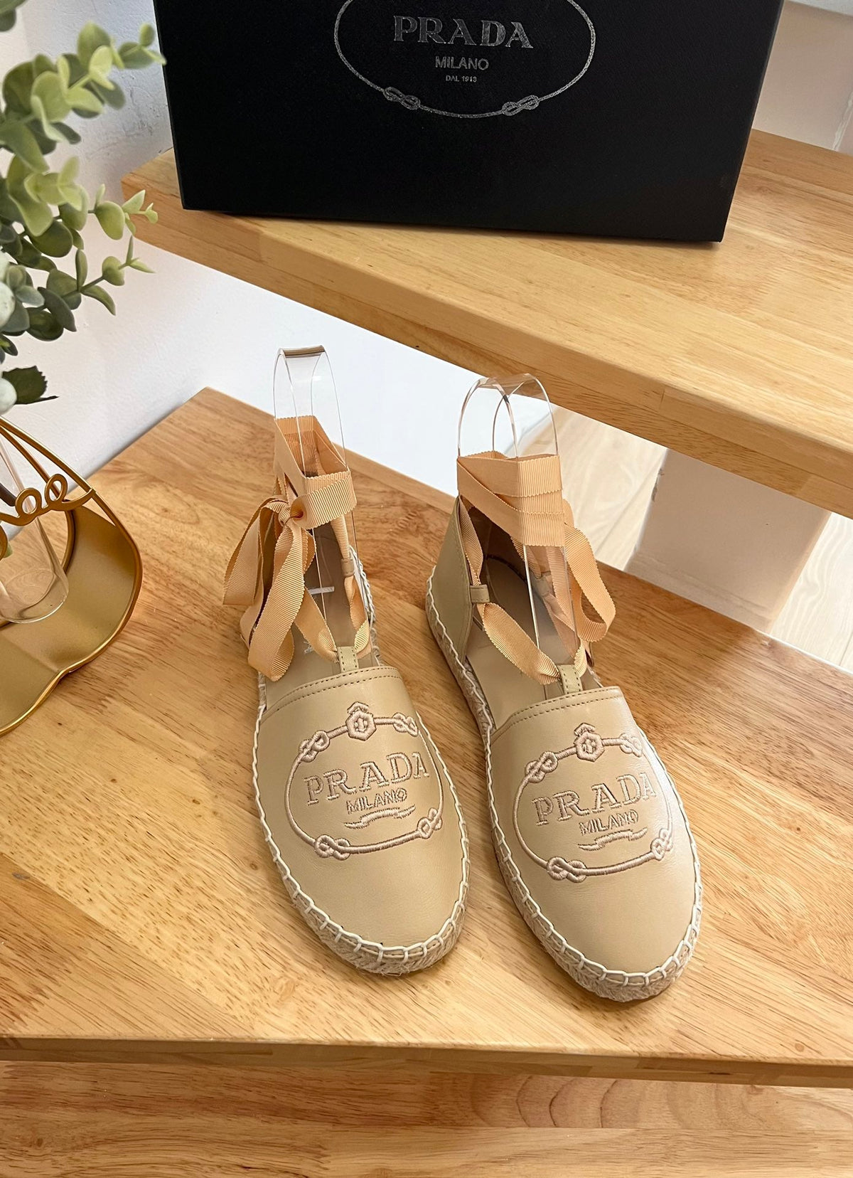 Prada 26s Lace Up Espadrille Flats Beige Calfskin