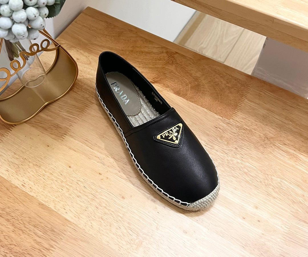 Prada 26s Logo Espadrille Slip On Flats Black Calfskin