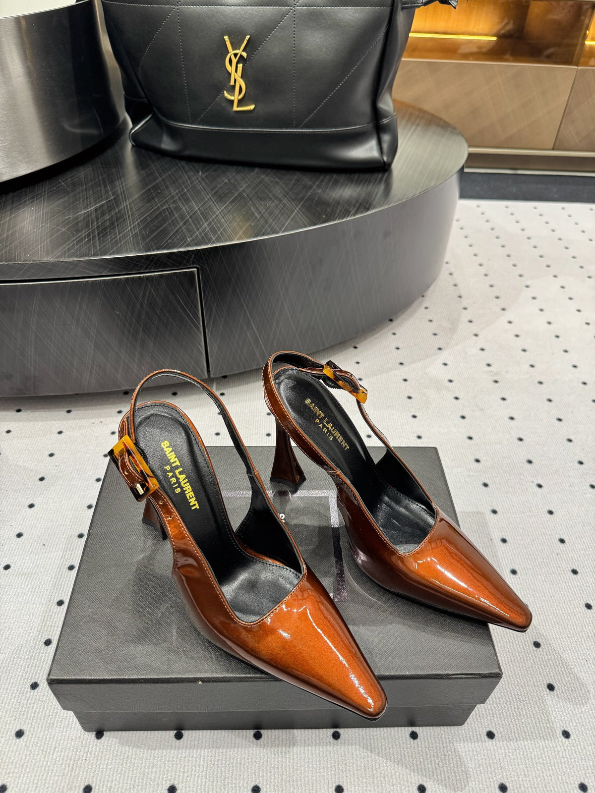 YSL 26s Slingback Heels 10.5cm Dark Orange Glossy Calfskin With Buckle Closure