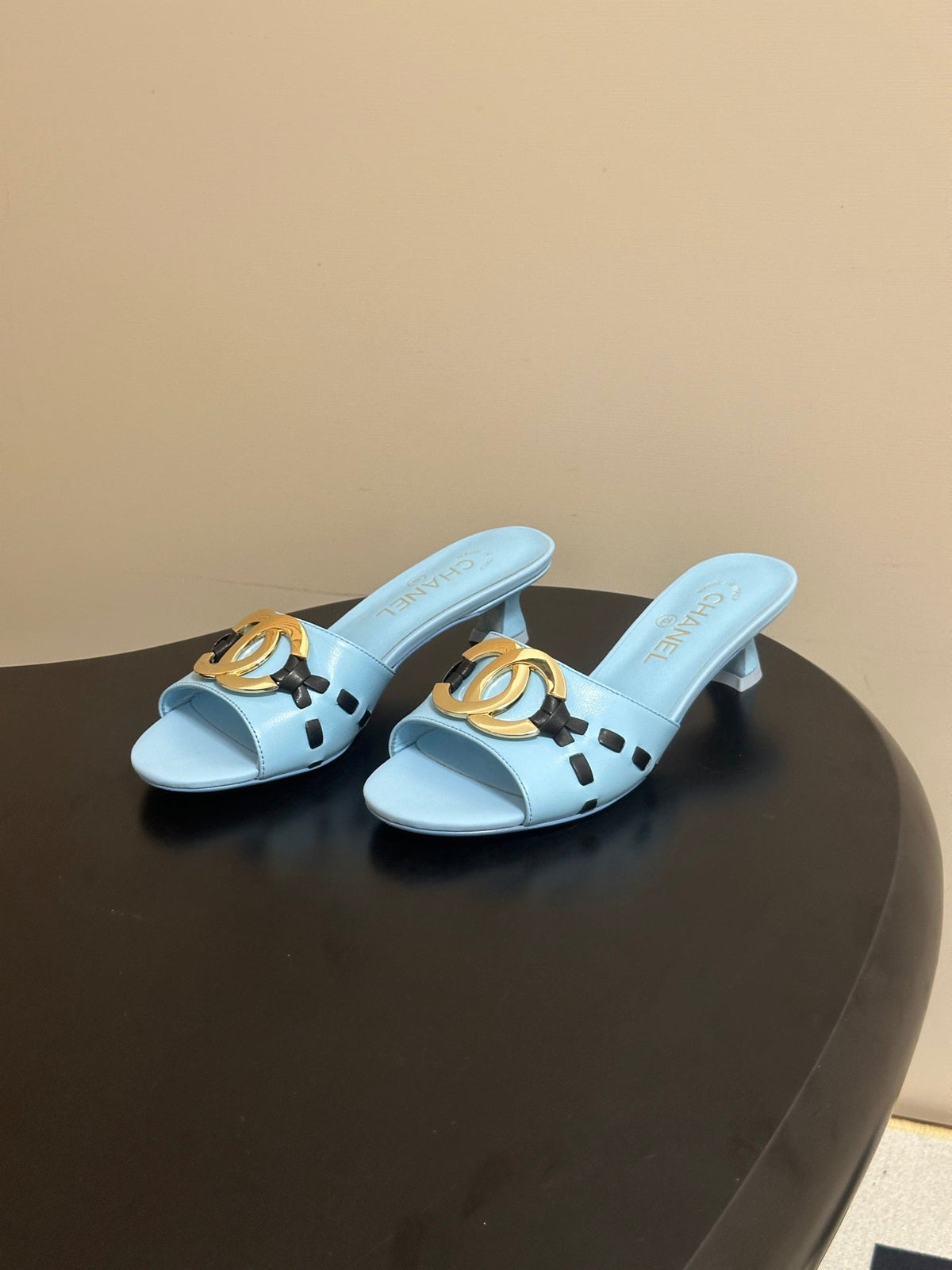 CC 26S High Heel Mule in Light Blue Lambskin with Gold-Tone CC Logo