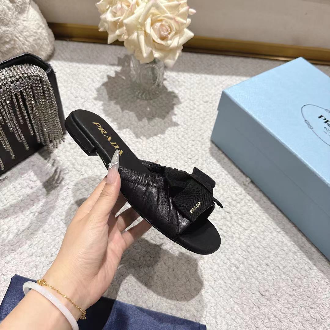 Prada 26s Ruched Bow Slide Sandals Black Calfskin