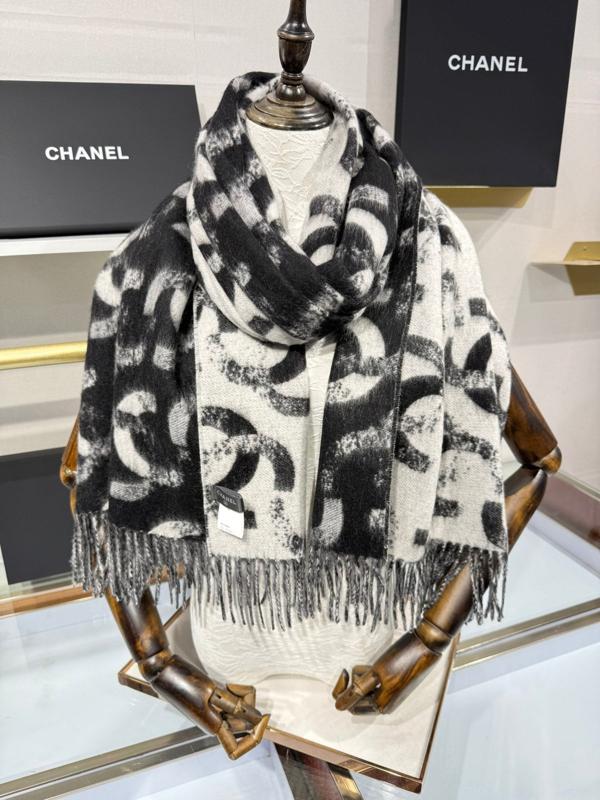 Chanel 2026 Monogram Scarf 200cm Black Cashmere 195606