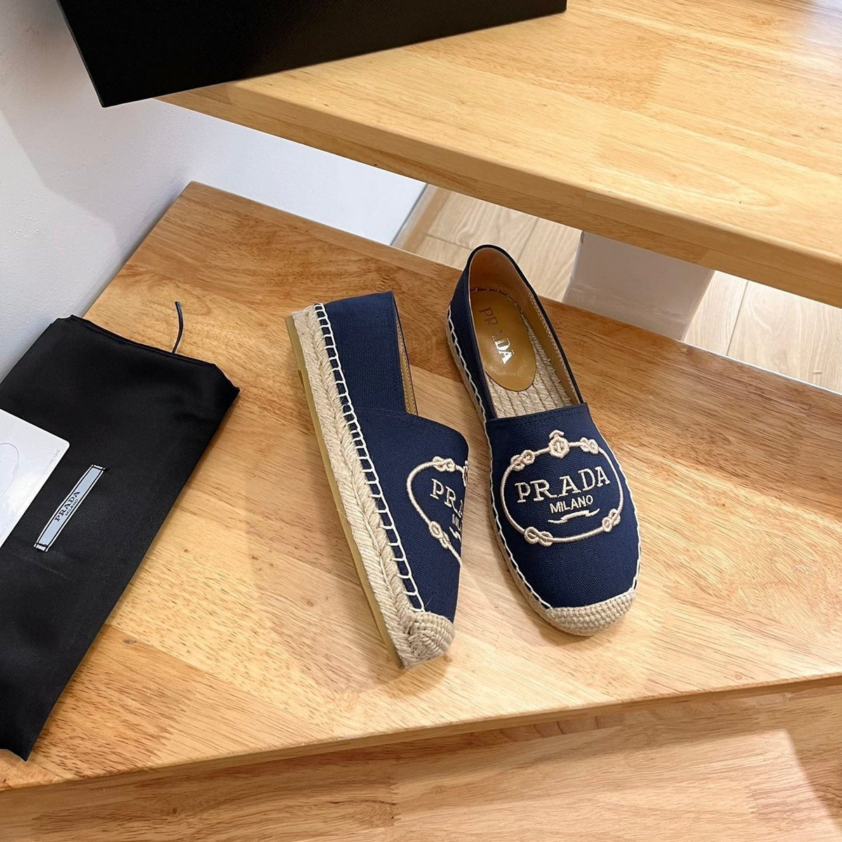 Prada 26s Embroidered Logo Espadrille Flats Navy Blue Canvas