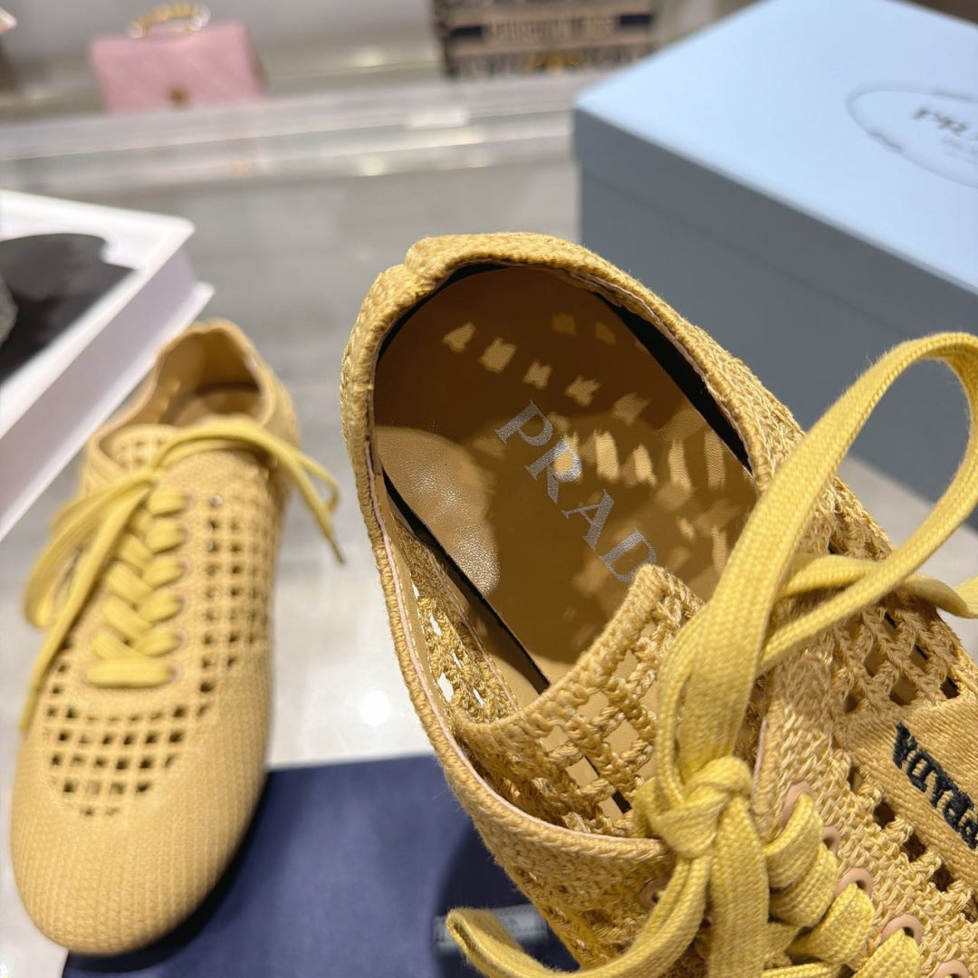 Prada 26s Lace Up Openwork Knit Sneakers Yellow Beige Knit Fabric