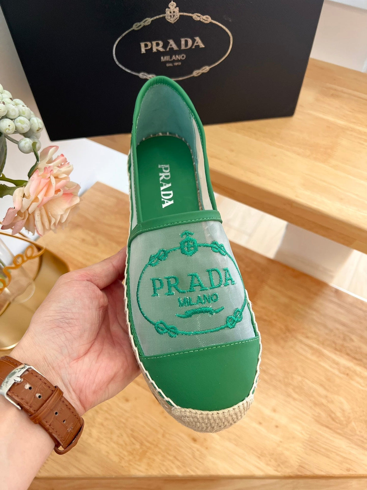 Prada 26s Embroidered Logo Espadrille Flats Green Mesh Calfskin