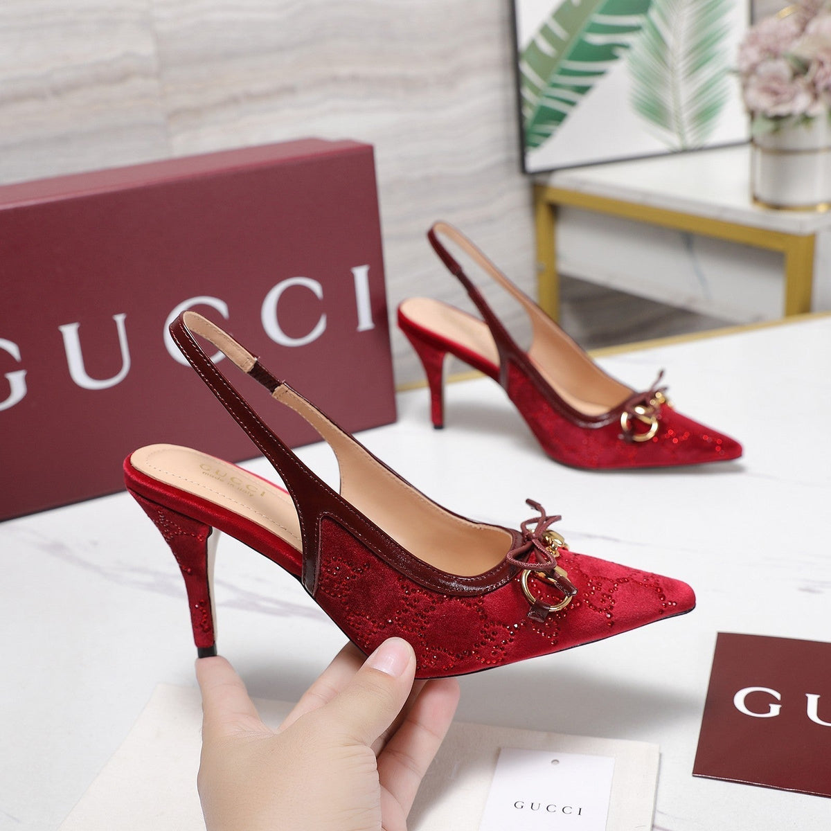 Gucci 26s Slingback Pumps 10cm Dark Red Velvet Gold Hardware With Bow