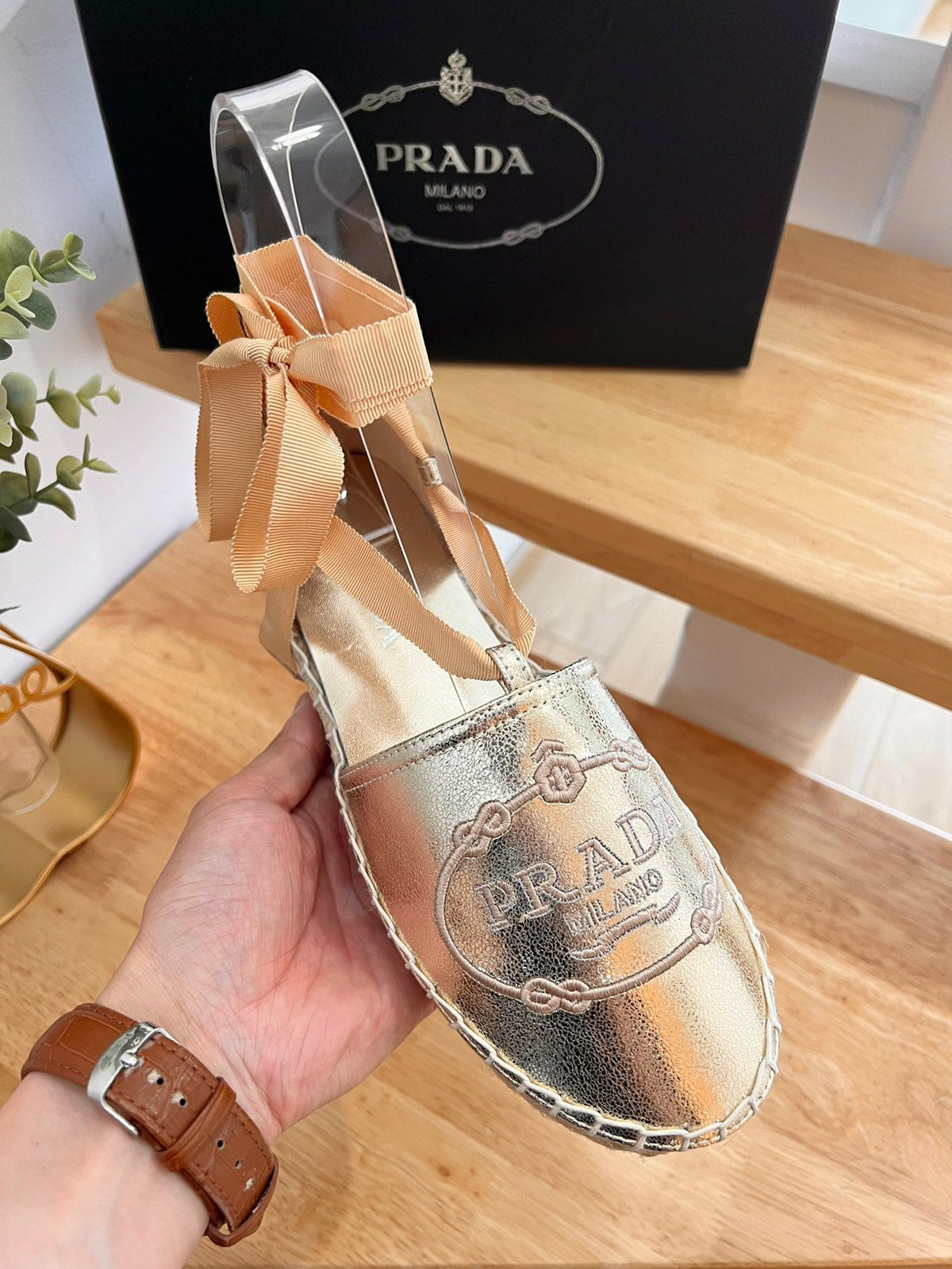 Prada 26s Lace Up Espadrille Flats Gold Calfskin