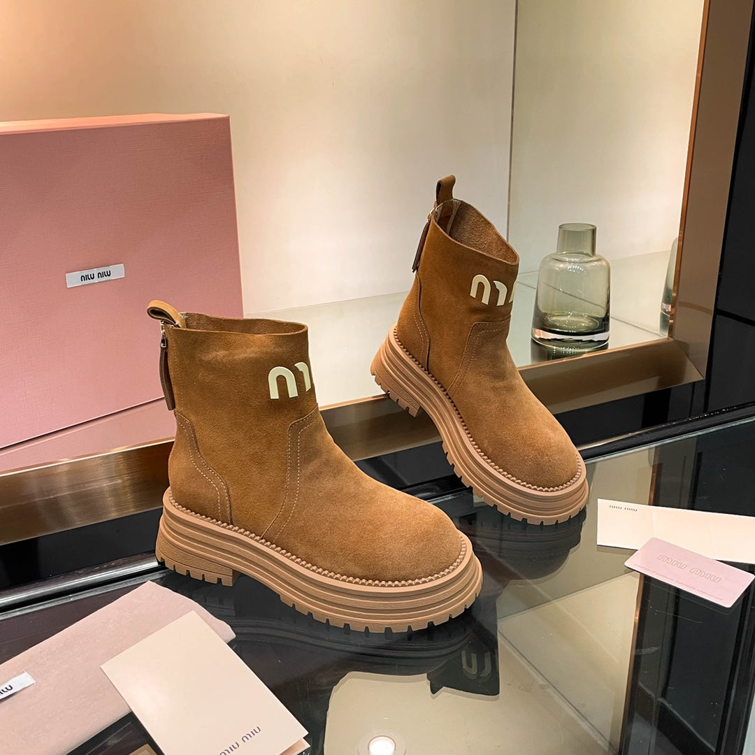 Miumiu 26s Logo Chunky Ankle Boots Camel Brown Suede