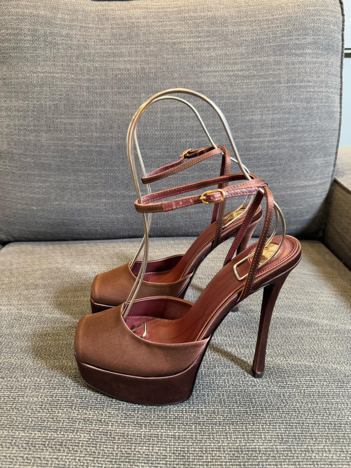 YSL 26S Platform Sandals 150 Mm Brown Satin