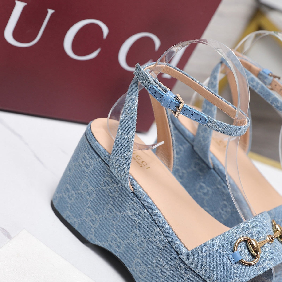 Gucci 26s Wedge Sandals 8cm Light Blue GG Denim Gold Hardware