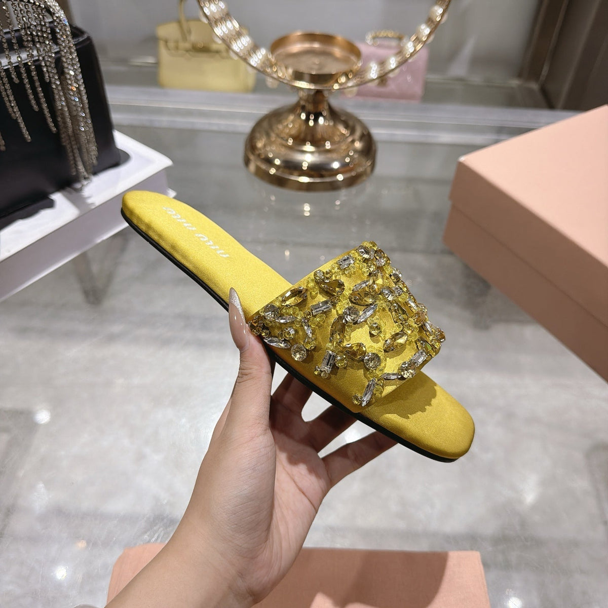 Miumiu 26s Sandals Yellow Embellished Silk