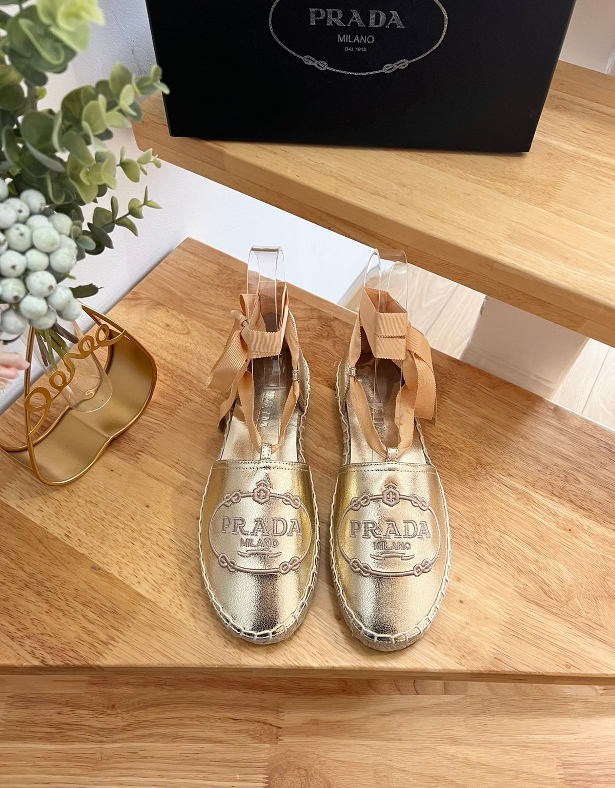 Prada 26s Lace Up Espadrille Flats Gold Calfskin