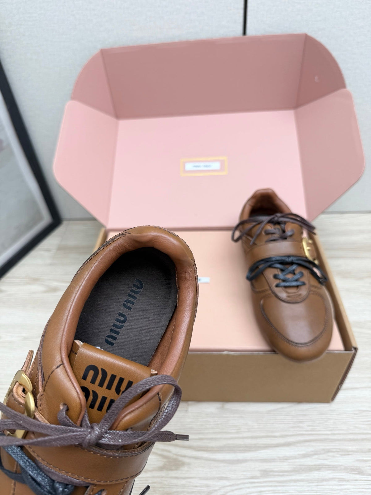 Miumiu 26s Buckle Sneakers Brown Calfskin With Gold Hardware