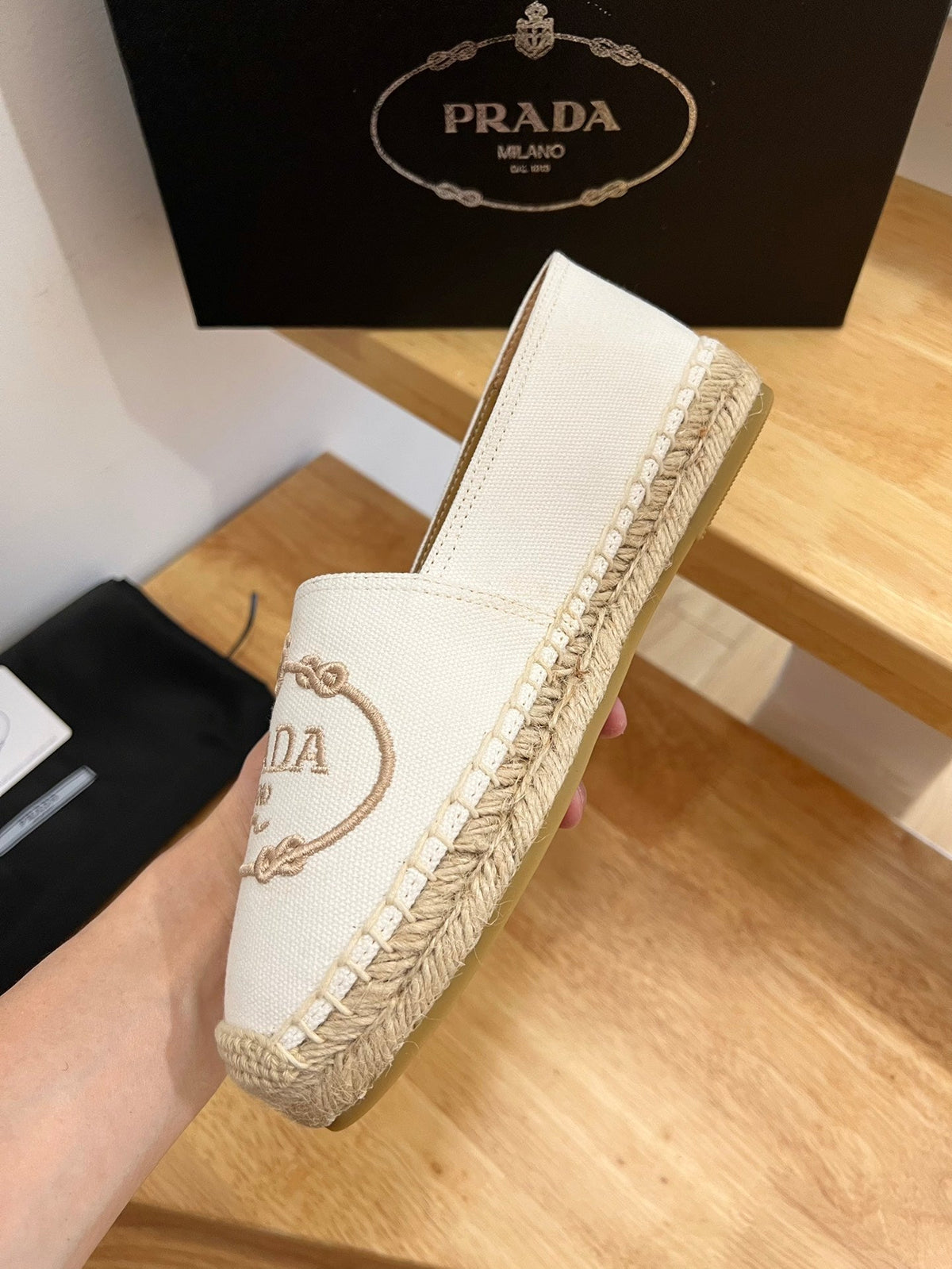 Prada 26s Embroidered Logo Espadrille Flats Ivory White Canvas