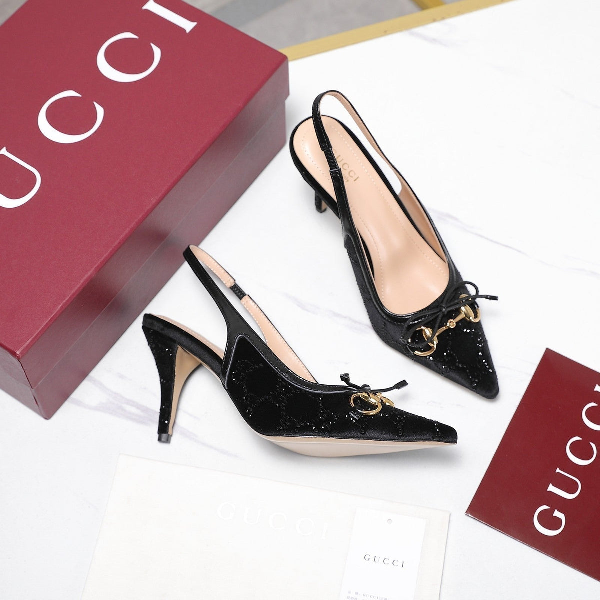 Gucci 26s Slingback Pumps 10cm Black Velvet Gold Hardware With Bow