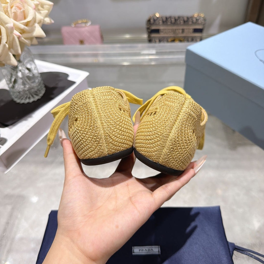 Prada 26s Lace Up Openwork Knit Sneakers Yellow Beige Knit Fabric