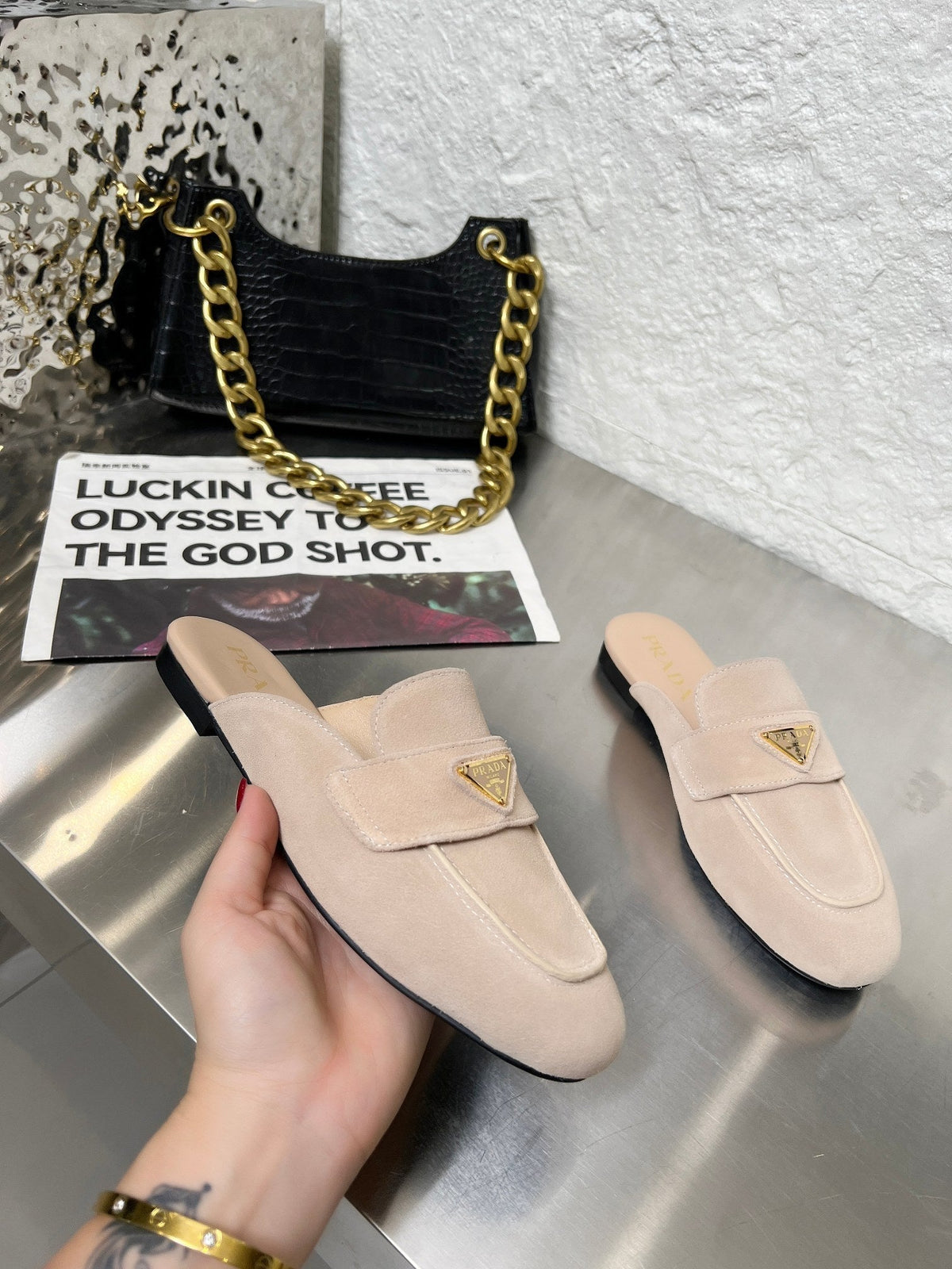 Prada 26s Mule Loafers Nude Beige Suede With Logo