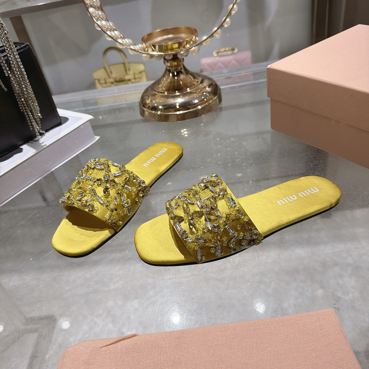 Miumiu 26s Sandals Yellow Embellished Silk