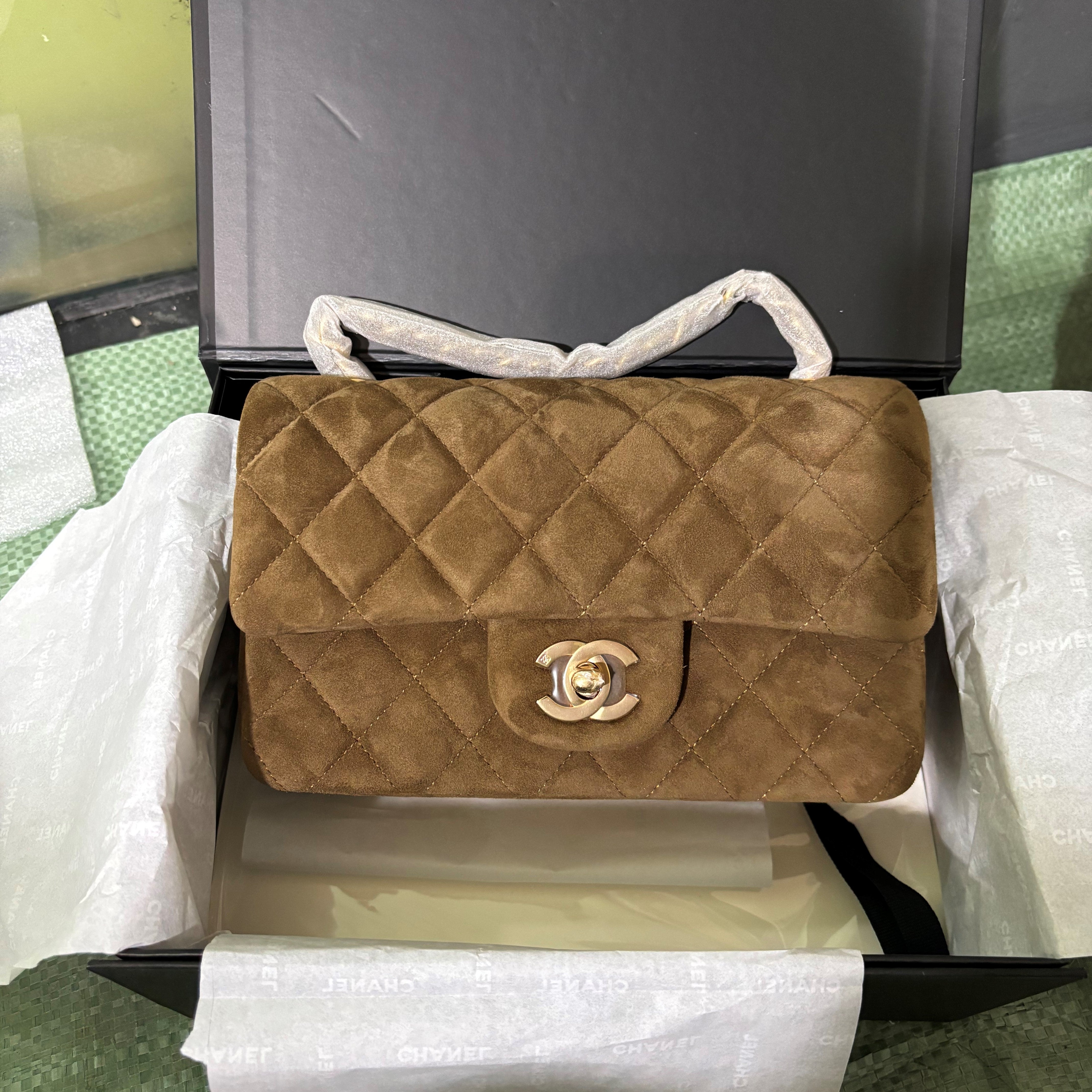 Classic Flap Bag 20cm Brown Suede Gold Hardware