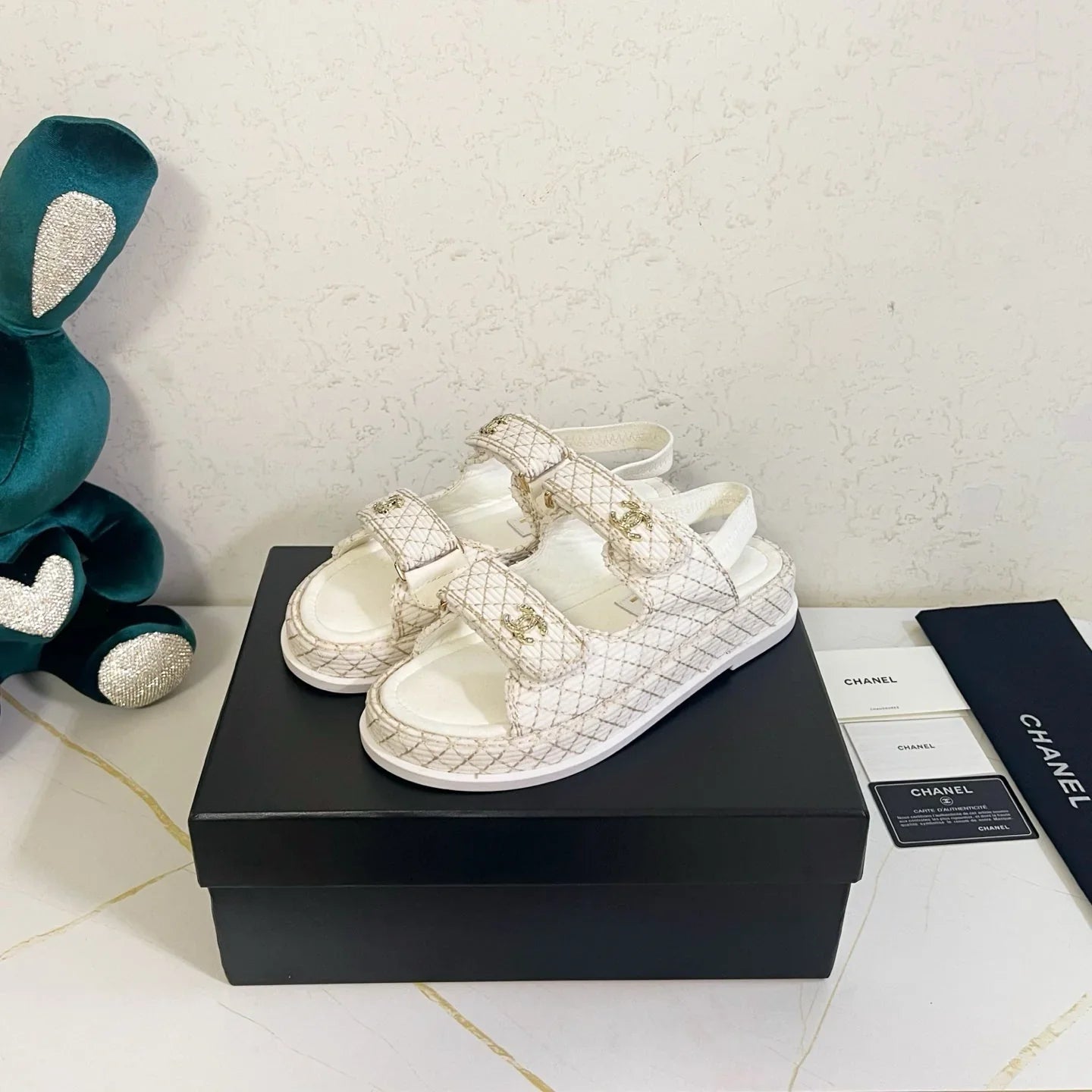 Chanel 2026 Velcro Sandals CC Logo Details Tweed Sheepskin 779368