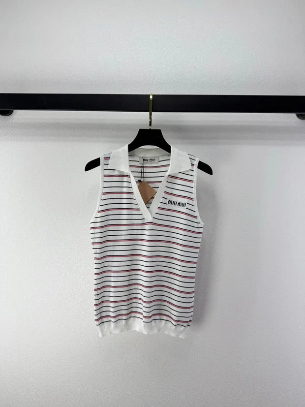 Miumiu 2026 Striped Collared Vest Tencel 395603