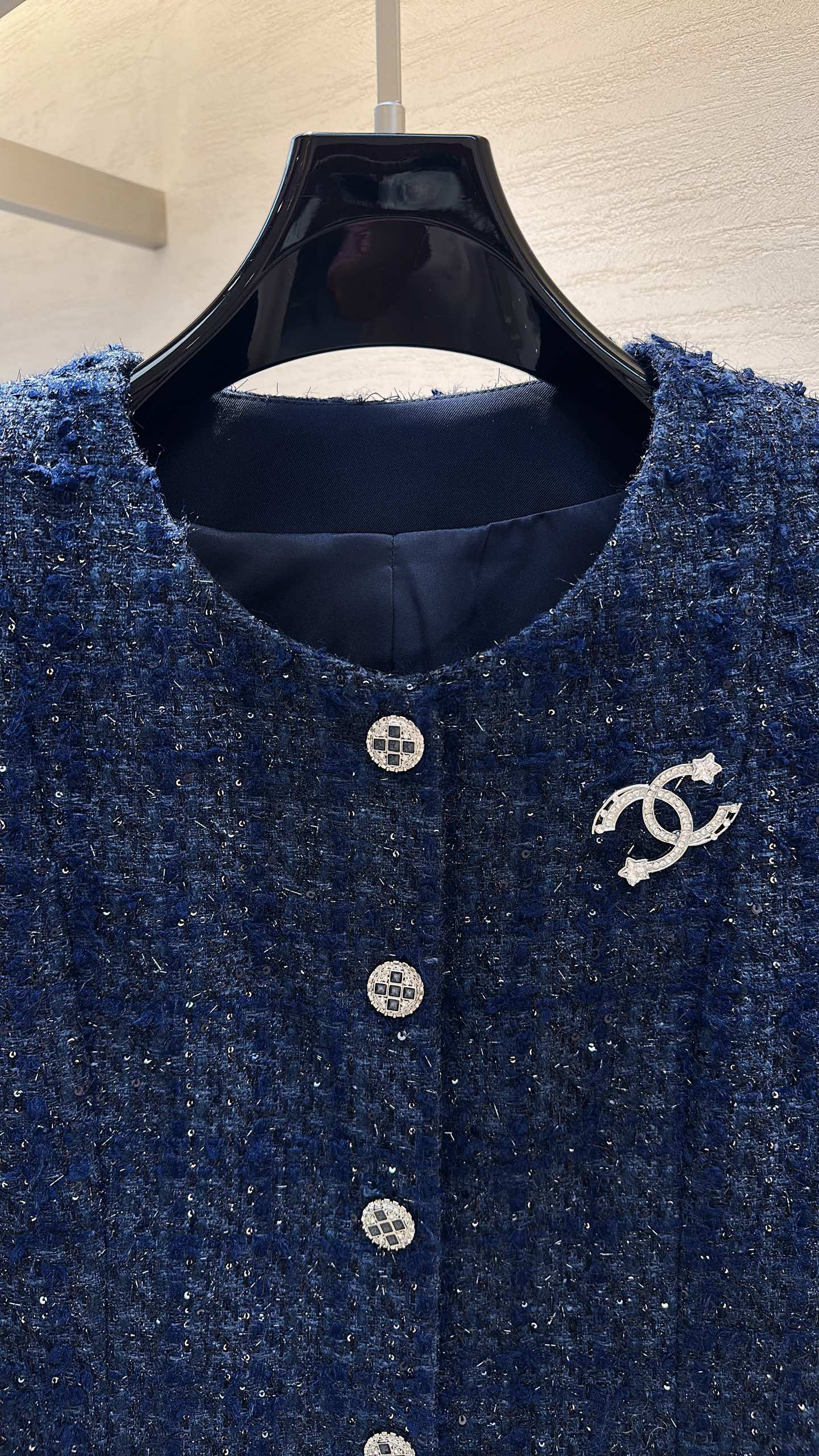 CC Cropped Jacket Rhinestone Buttons Navy Blue Tweed 415579