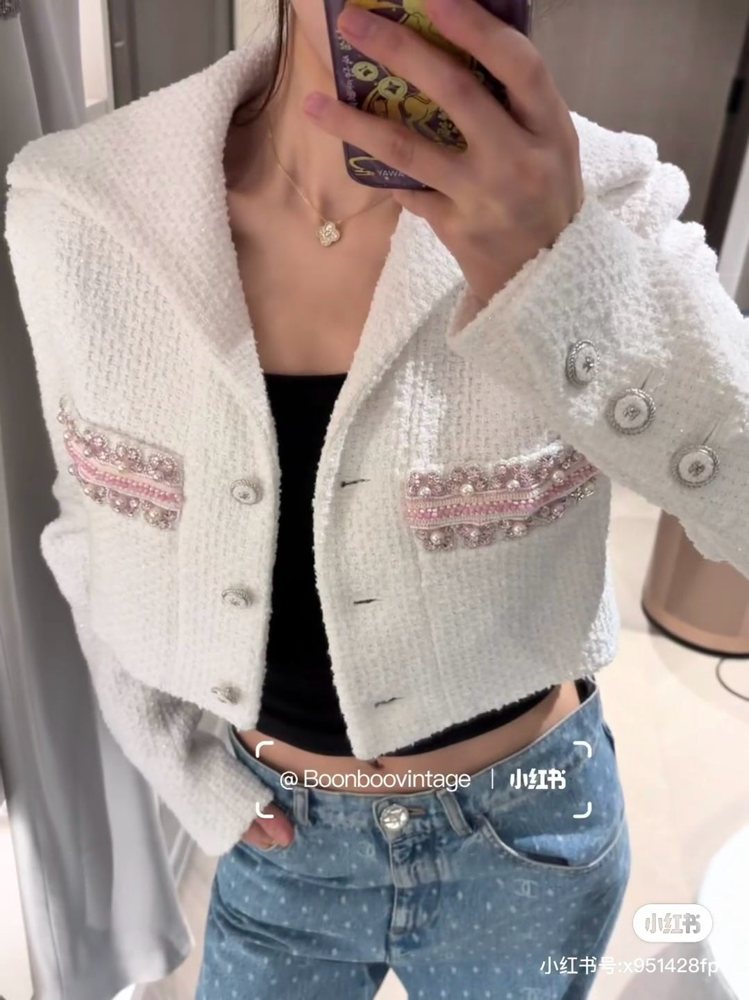 CC 26s Short Jacket with Pink Beads White Tweed 425106