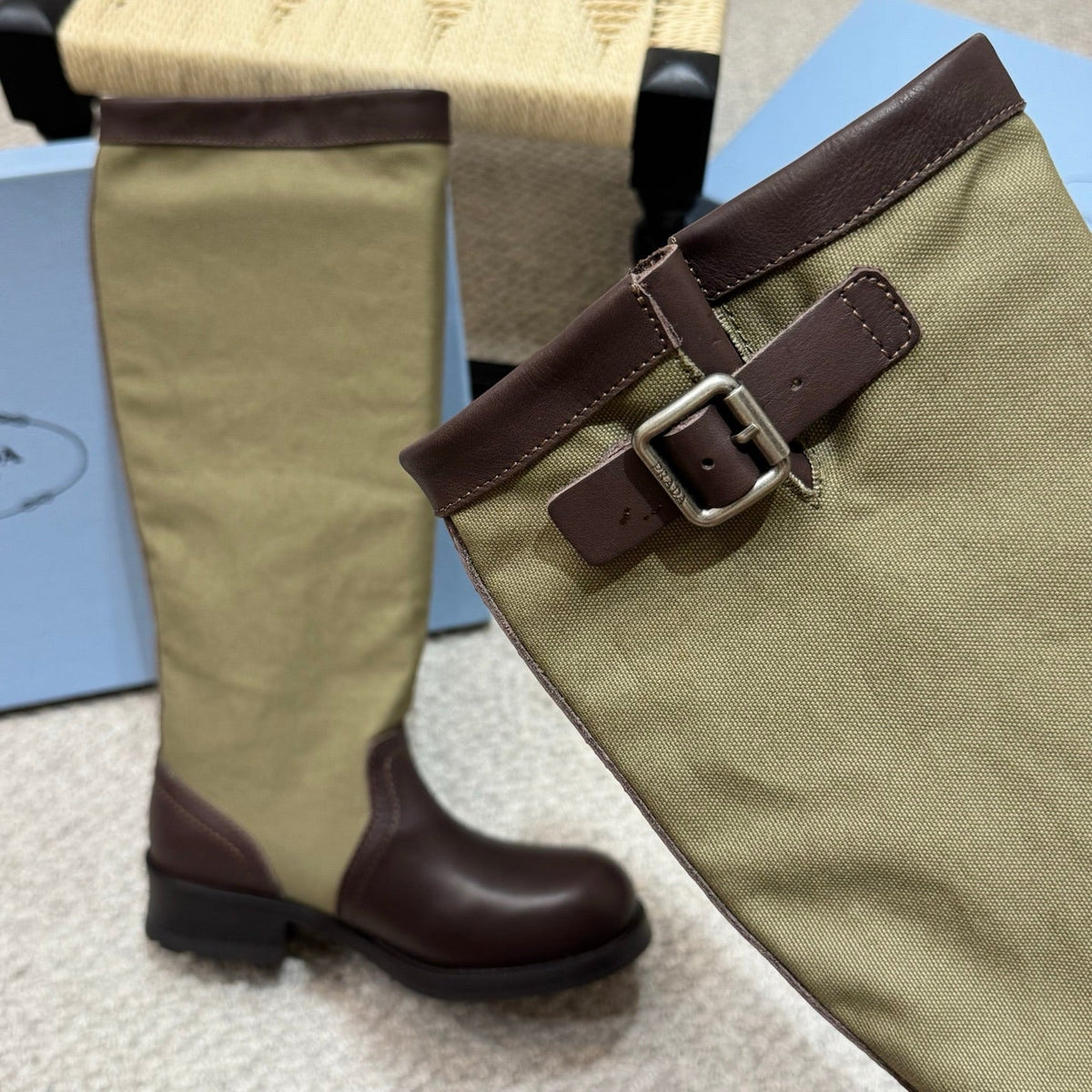 PR 26s Buckle Knee High Boots Green Brown Canvas Leather 144757