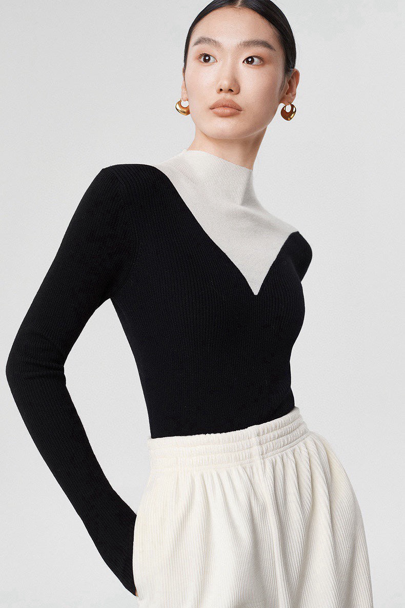 YSL Brooch V-Shape Colorblock Knit Sweater Wool 438271