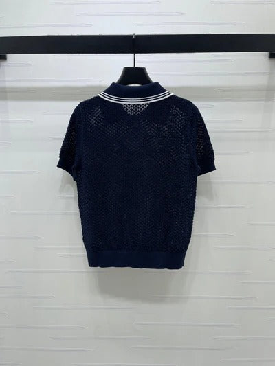 Miumiu 2026 Hollow-out Knitted Collared Short-sleeved T-shirt Wool Cashmere 374995