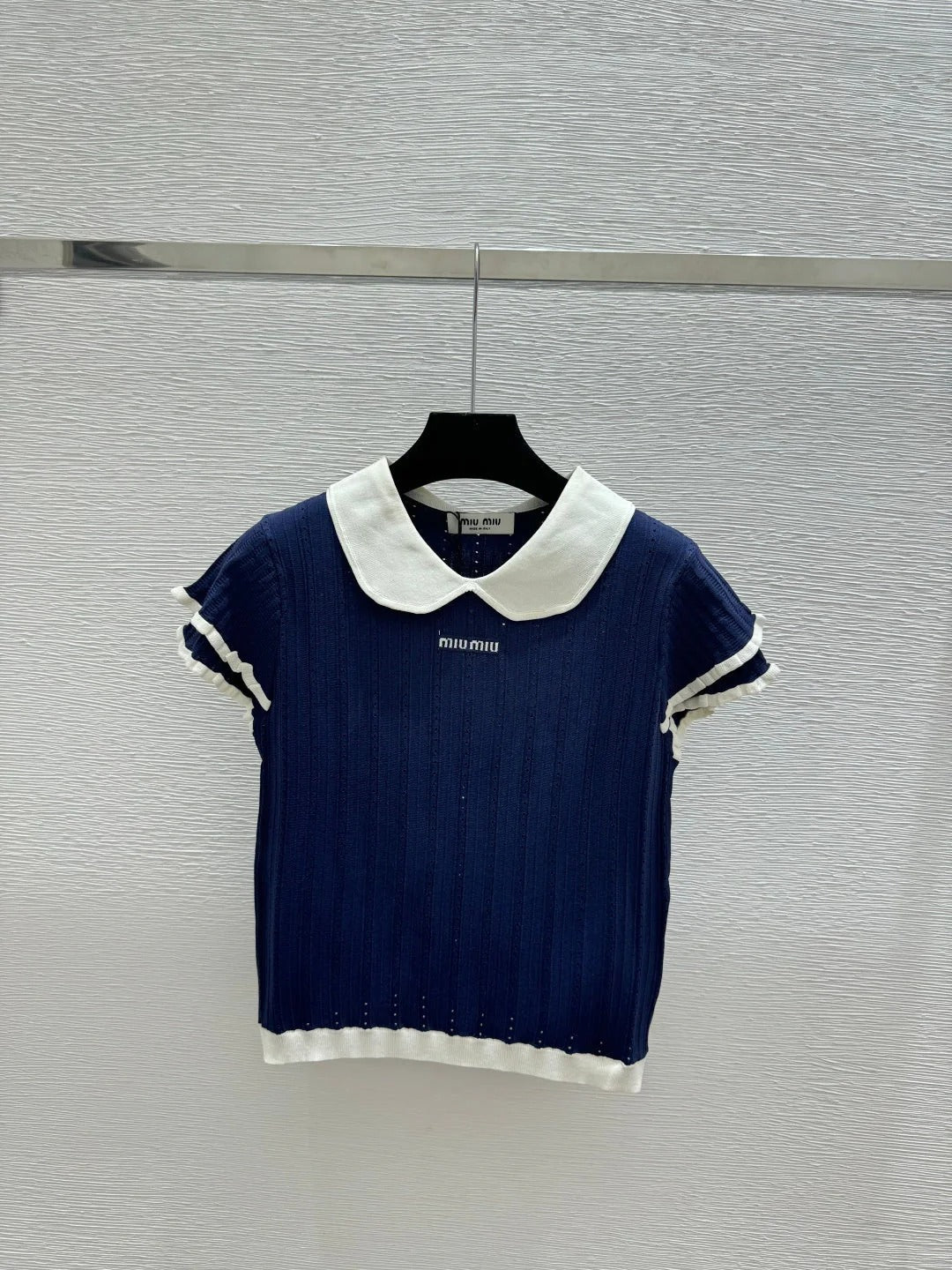 Miumiu 2026 Peter Pan Collar Openwork Knit Short-sleeved Top 220548