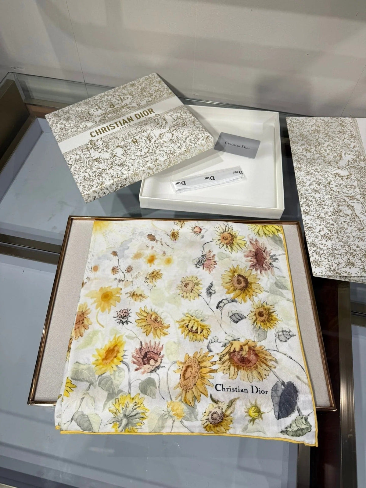 Dior 2026 Sunflower Scarf 70cm White Mix Yellow Silk 186953