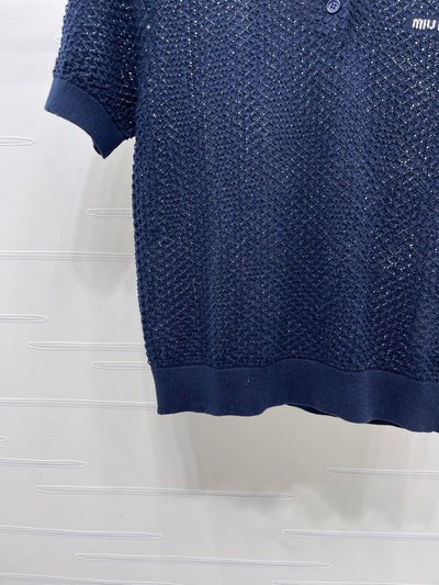 Miumiu 2026 Hollow-out Knitted Collared Short-sleeved T-shirt Wool Cashmere 374995
