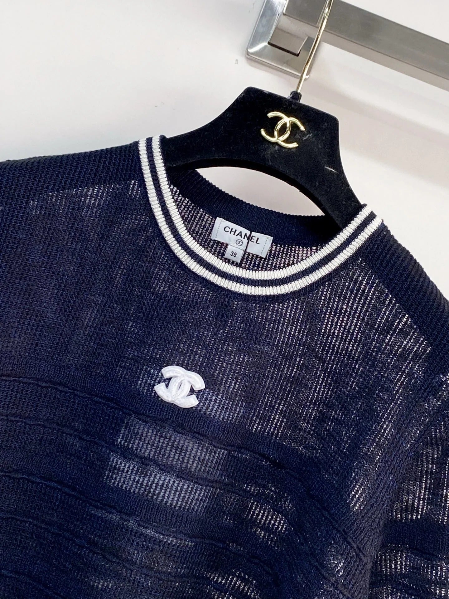Chanel 2026 Short-sleeved Shirt Navy Blue White Tencel Cotton 166800