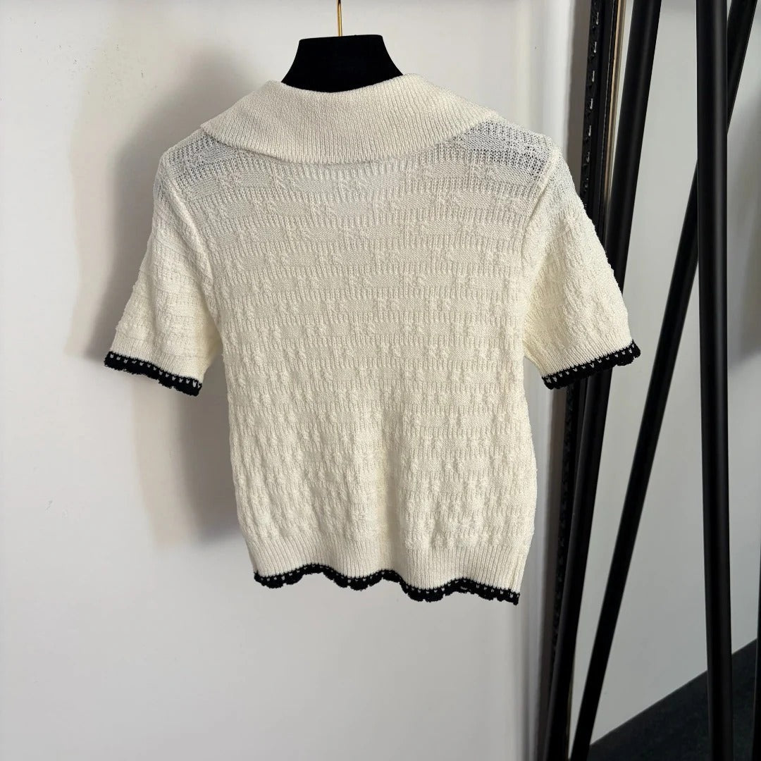 Chanel 2026 Pan Collar Knitted Short Sleeve Black Pink White Wool 120314
