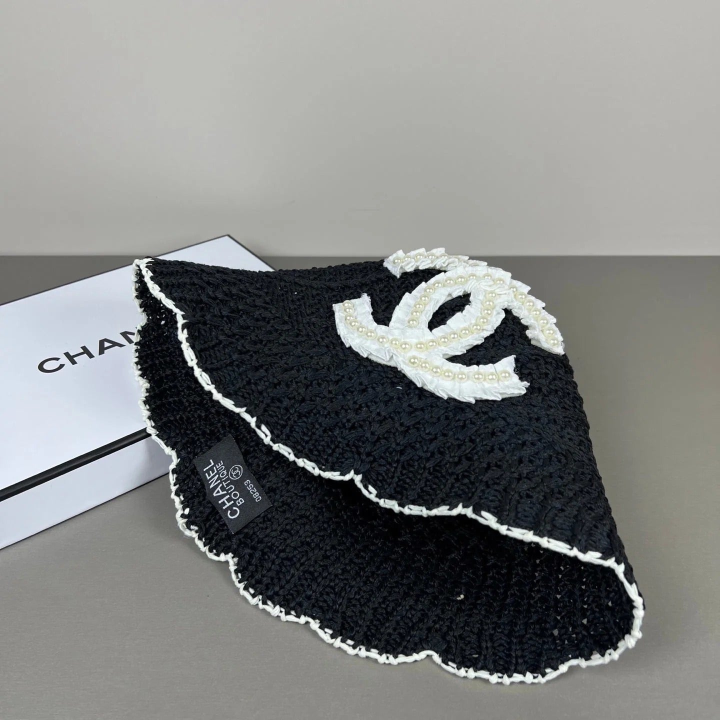 Chanel Knitted Lace Bucket Hat Wool With CC Logo And Pearls 237350