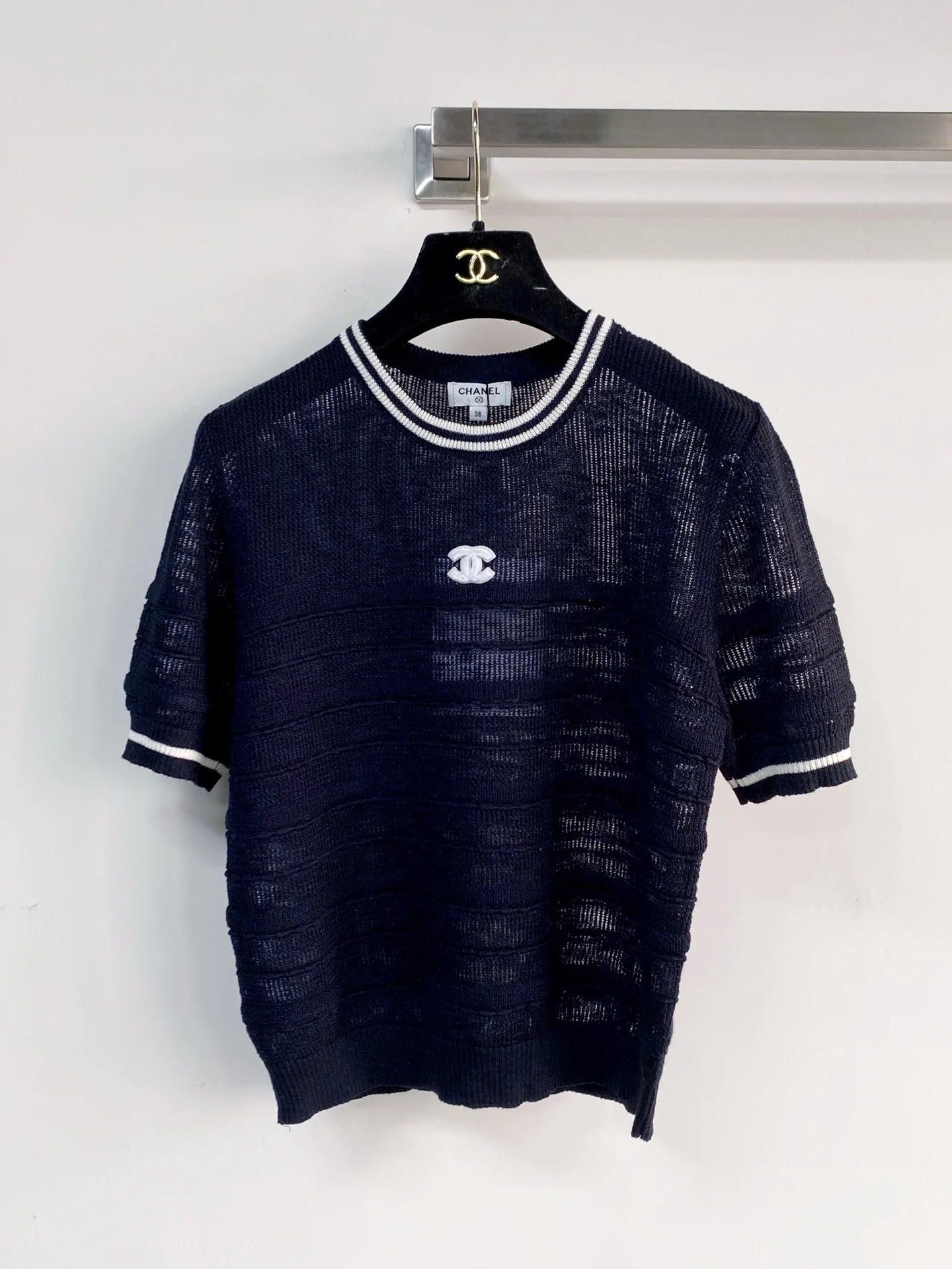 Chanel 2026 Short-sleeved Shirt Navy Blue White Tencel Cotton 166800