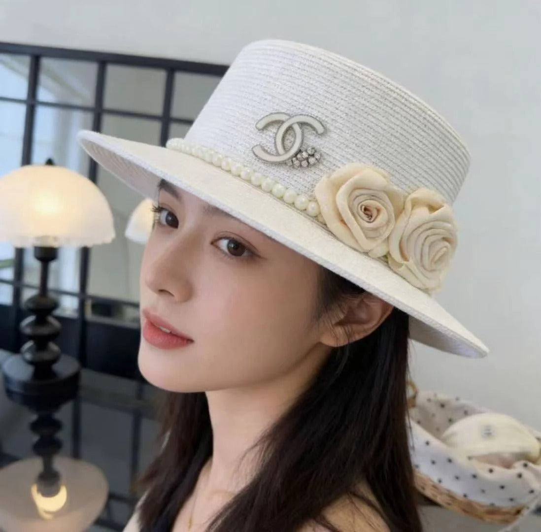 Chanel Flat-top Straw Hat With Flower Pearl 269016