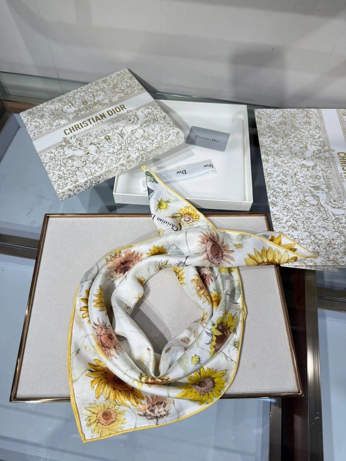 Dior 2026 Sunflower Scarf 70cm White Mix Yellow Silk 186953