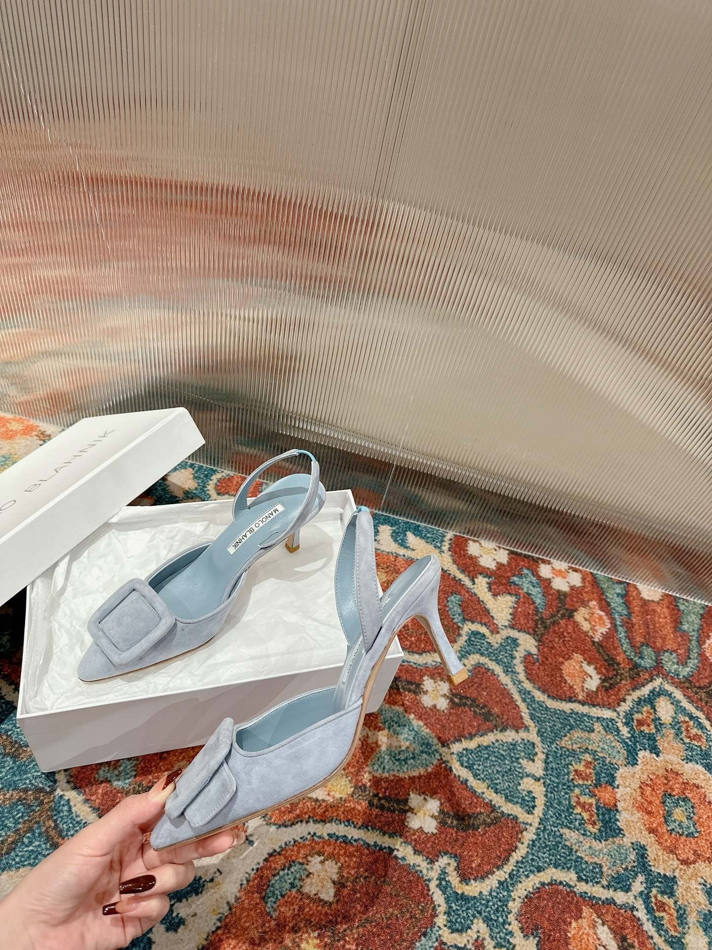 Manolo Blahnik High-Heeled Sandal 70mm Light Blue Suede Leather 598557