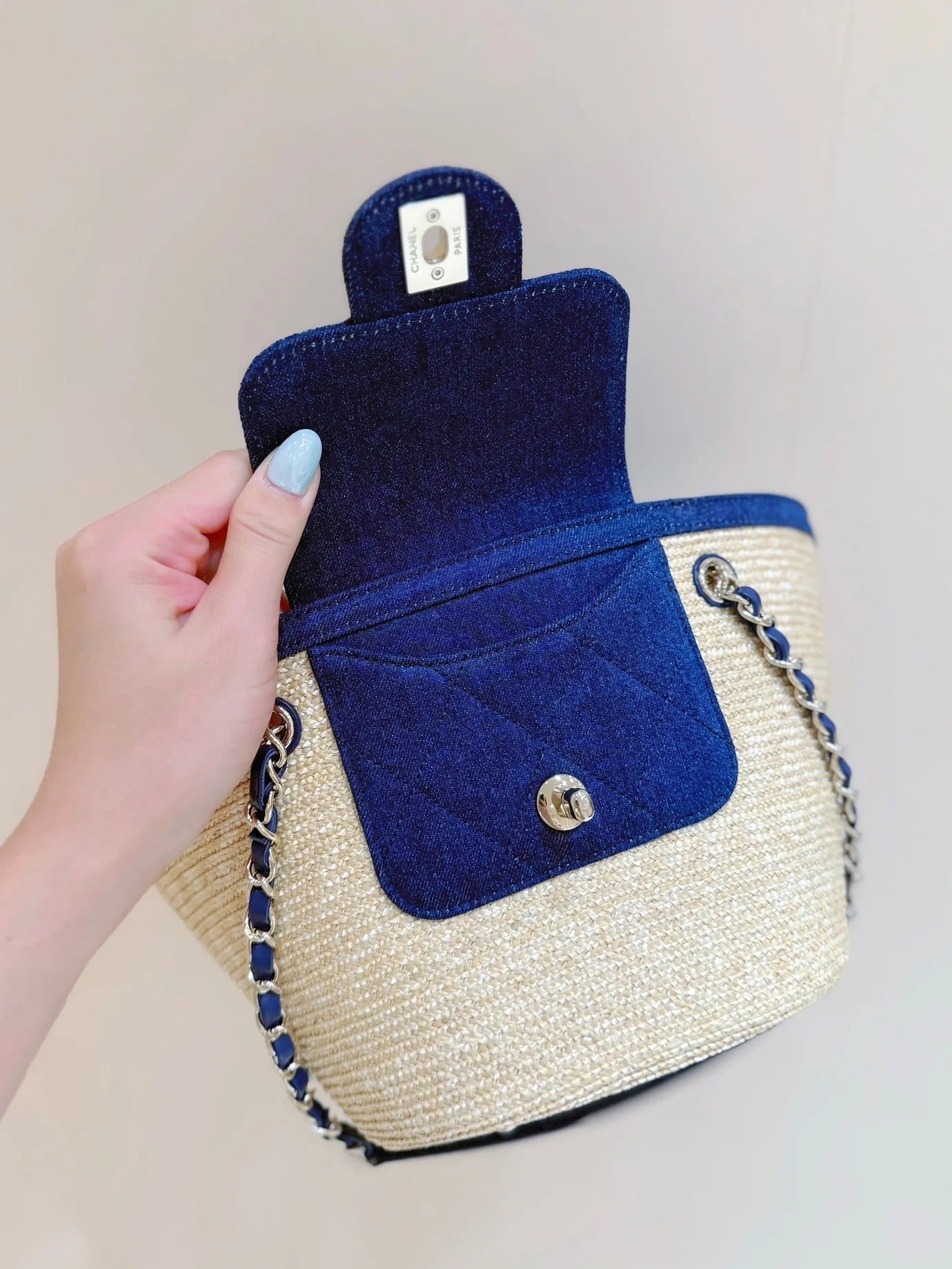 Chanel 2026 Shopping Bag 39cm Beige mix Blue Straw Denim