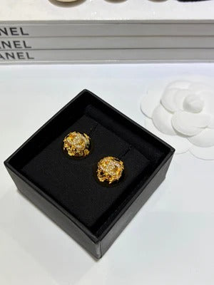Chanel 2026 Gold Full Diamond Double C Gold Ball Stud Earrings
